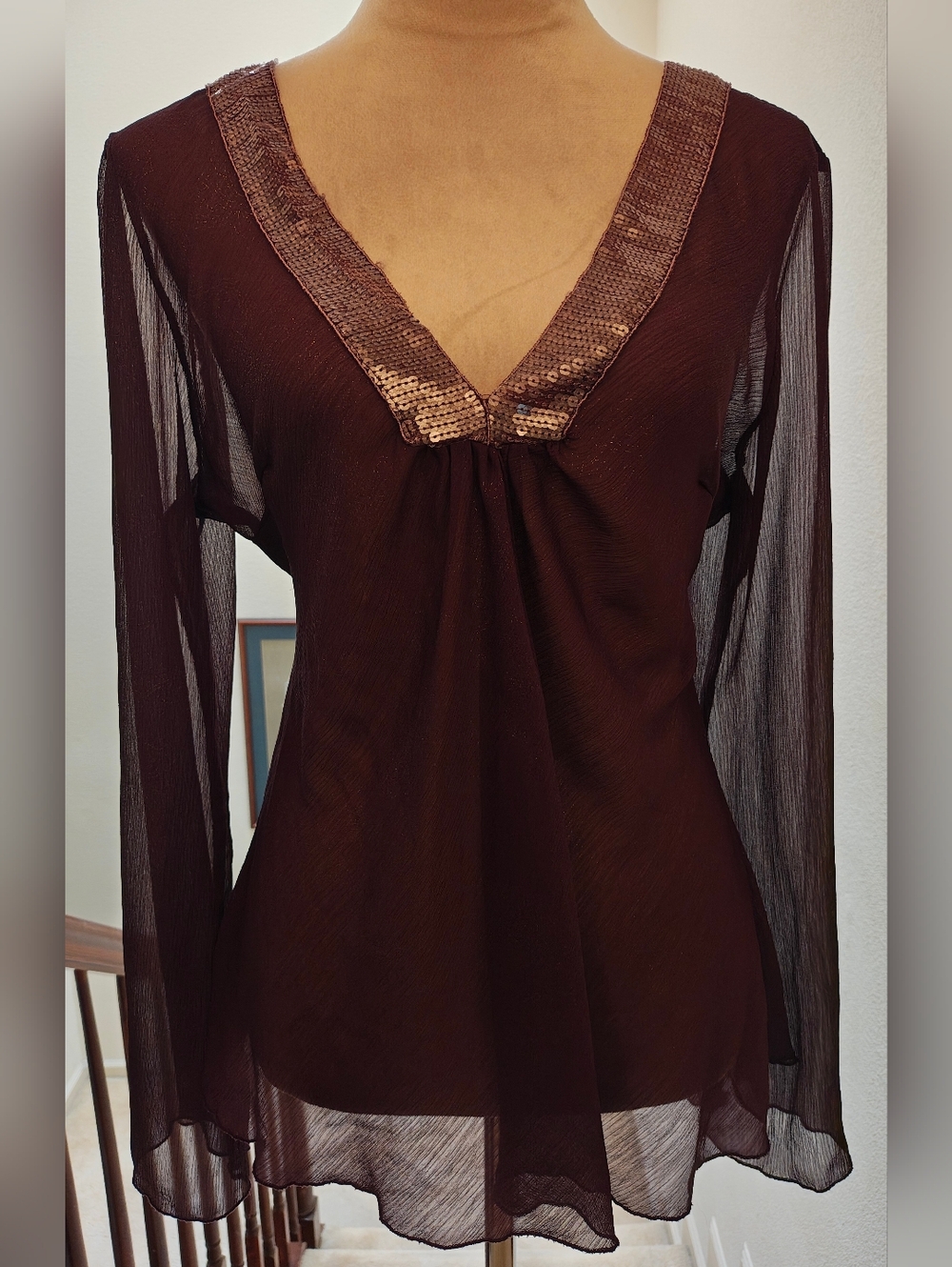 Y2K Methode Sheer Burgandy Chiffon Blouse w Sequins, Flutter Sleeves & Back Tie.